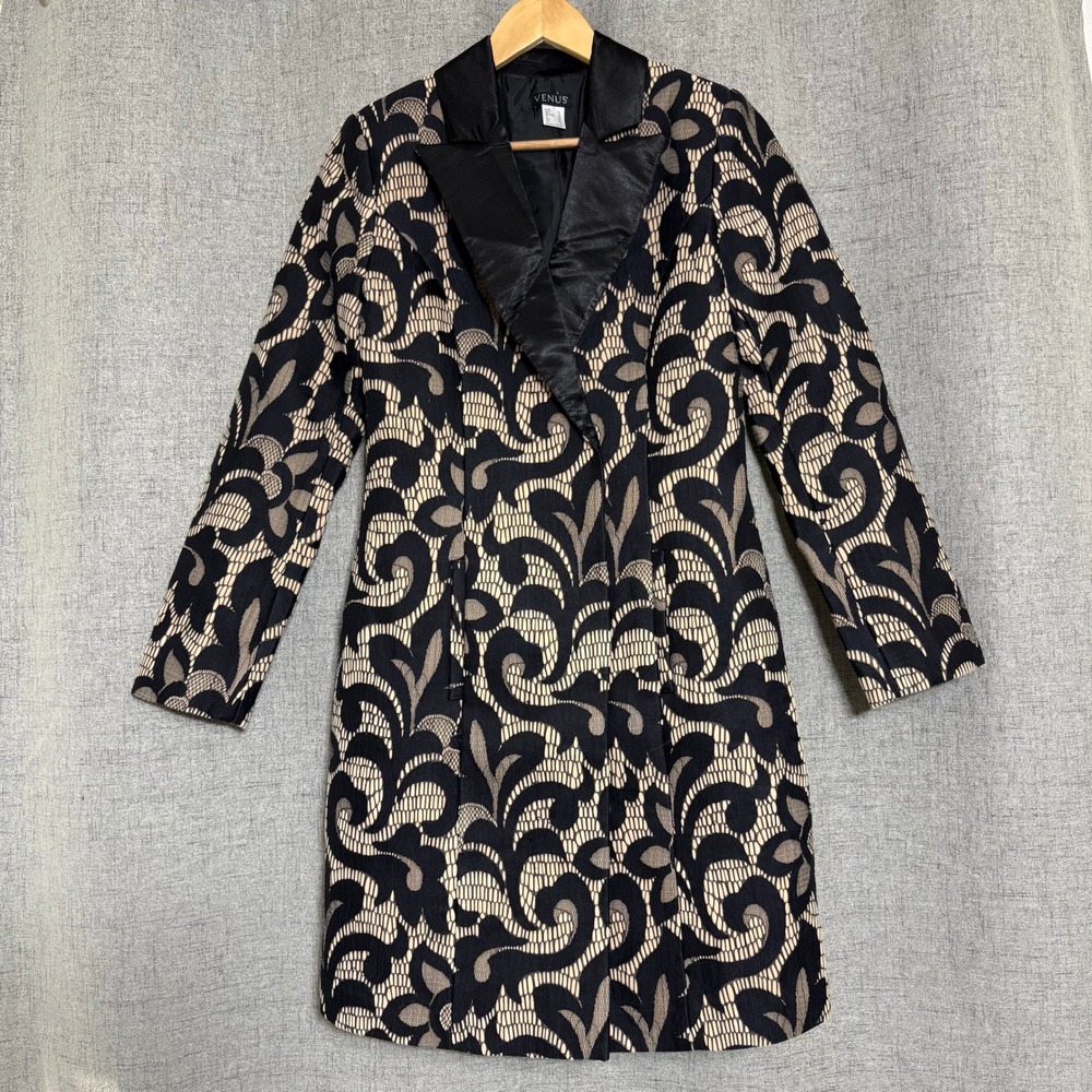 Venus Women Brocade Blazer Jacket 4 Black Tan Swirl Tuxedo Collar Jacquard - Picture 2 of 11